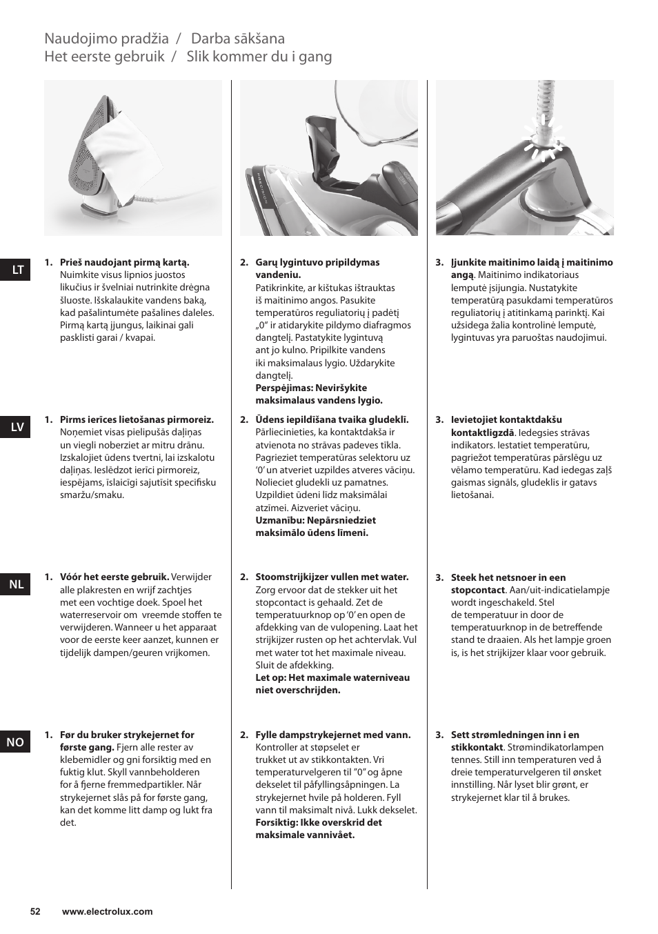 Slik kommer du i gang, Het eerste gebruik, Darba sākšana | Naudojimo pradžia | Electrolux EDB6120 User Manual | Page 52 / 96