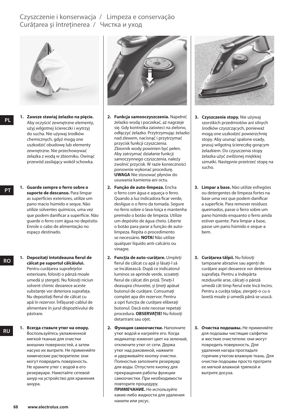 Чистка и уход, Curăţarea şi întreţinerea, Limpeza e conservação | Czyszczenie i konserwacja | Electrolux EDB6120 User Manual | Page 68 / 96