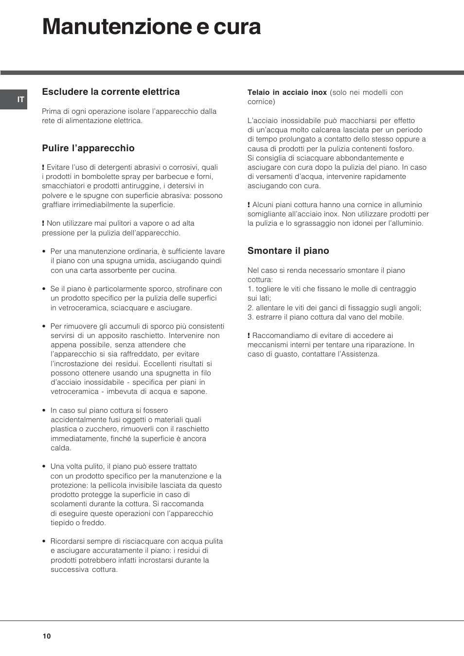 Manutenzione e cura | Hotpoint Ariston KIC 631 T X User Manual | Page 10 / 56