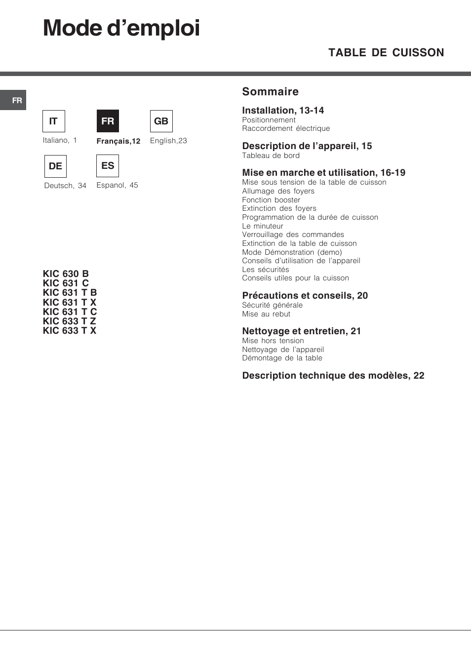 Mode d’emploi, Sommaire, Table de cuisson | Hotpoint Ariston KIC 631 T X User Manual | Page 12 / 56