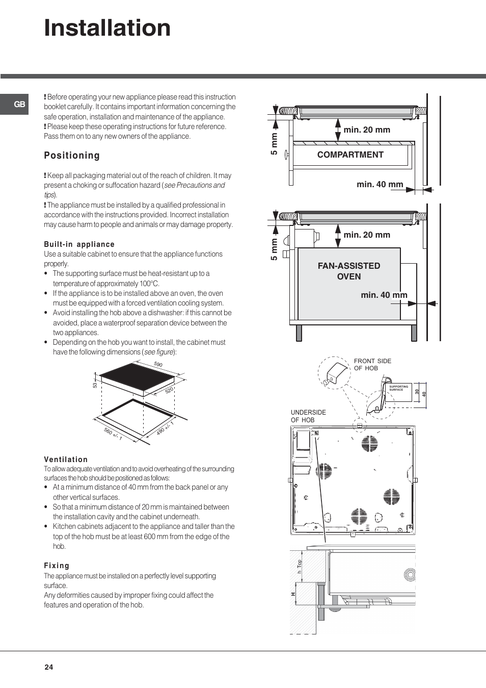 Installation, Positioning | Hotpoint Ariston KIC 631 T X User Manual | Page 24 / 56