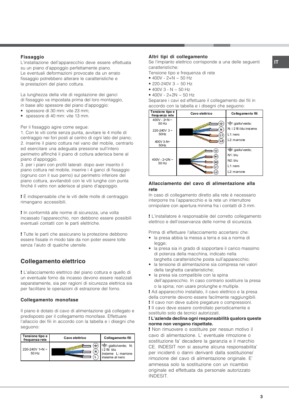 Collegamento elettrico | Hotpoint Ariston KIC 631 T X User Manual | Page 3 / 56