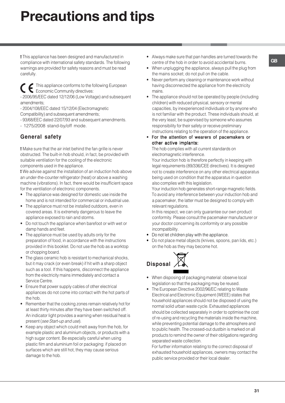 Precautions and tips, General safety, Disposal | Hotpoint Ariston KIC 631 T X User Manual | Page 31 / 56