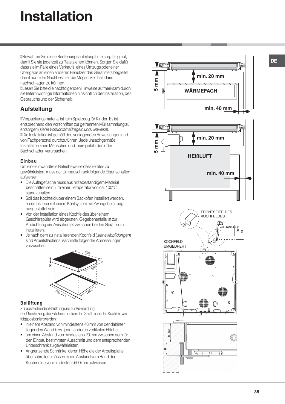 Installation, Aufstellung | Hotpoint Ariston KIC 631 T X User Manual | Page 35 / 56
