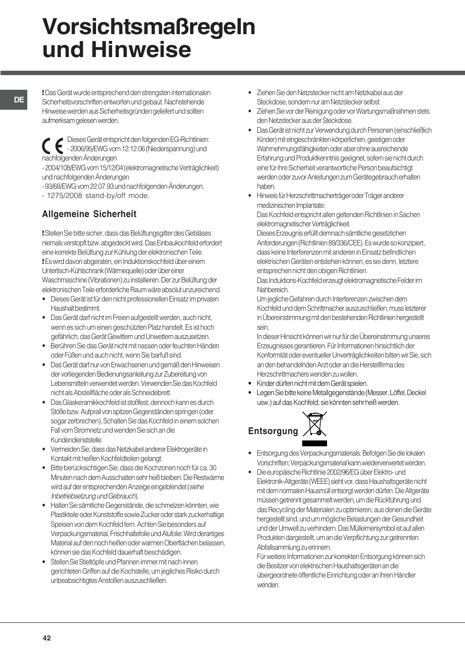 Vorsichtsmaßregeln und hinweise | Hotpoint Ariston KIC 631 T X User Manual | Page 42 / 56
