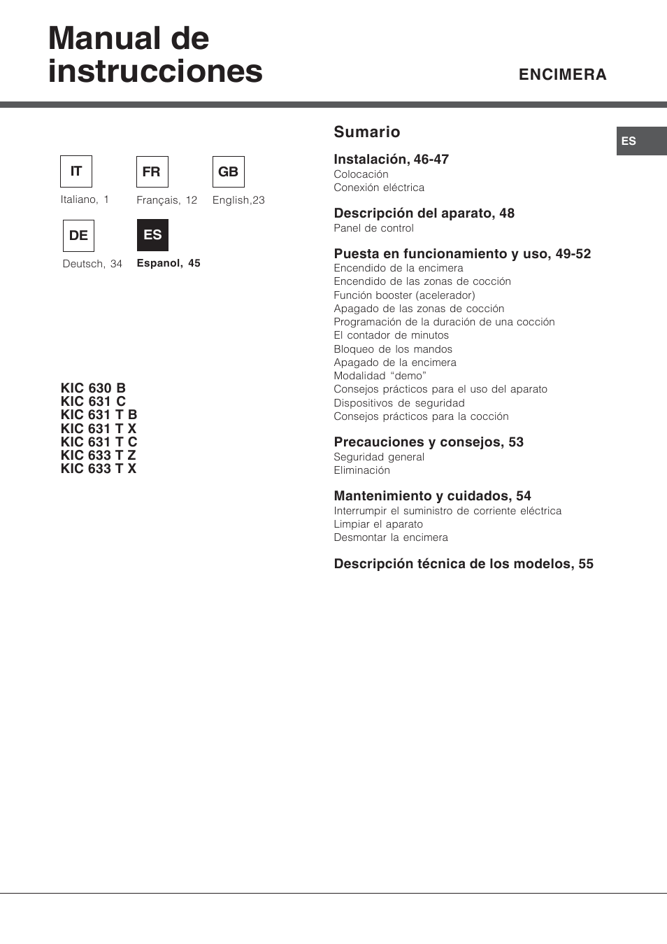 Manual de instrucciones | Hotpoint Ariston KIC 631 T X User Manual | Page 45 / 56