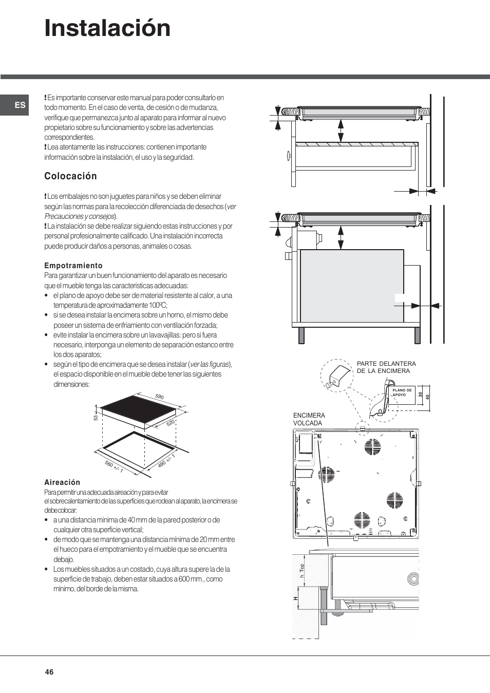 Instalación, Colocación | Hotpoint Ariston KIC 631 T X User Manual | Page 46 / 56
