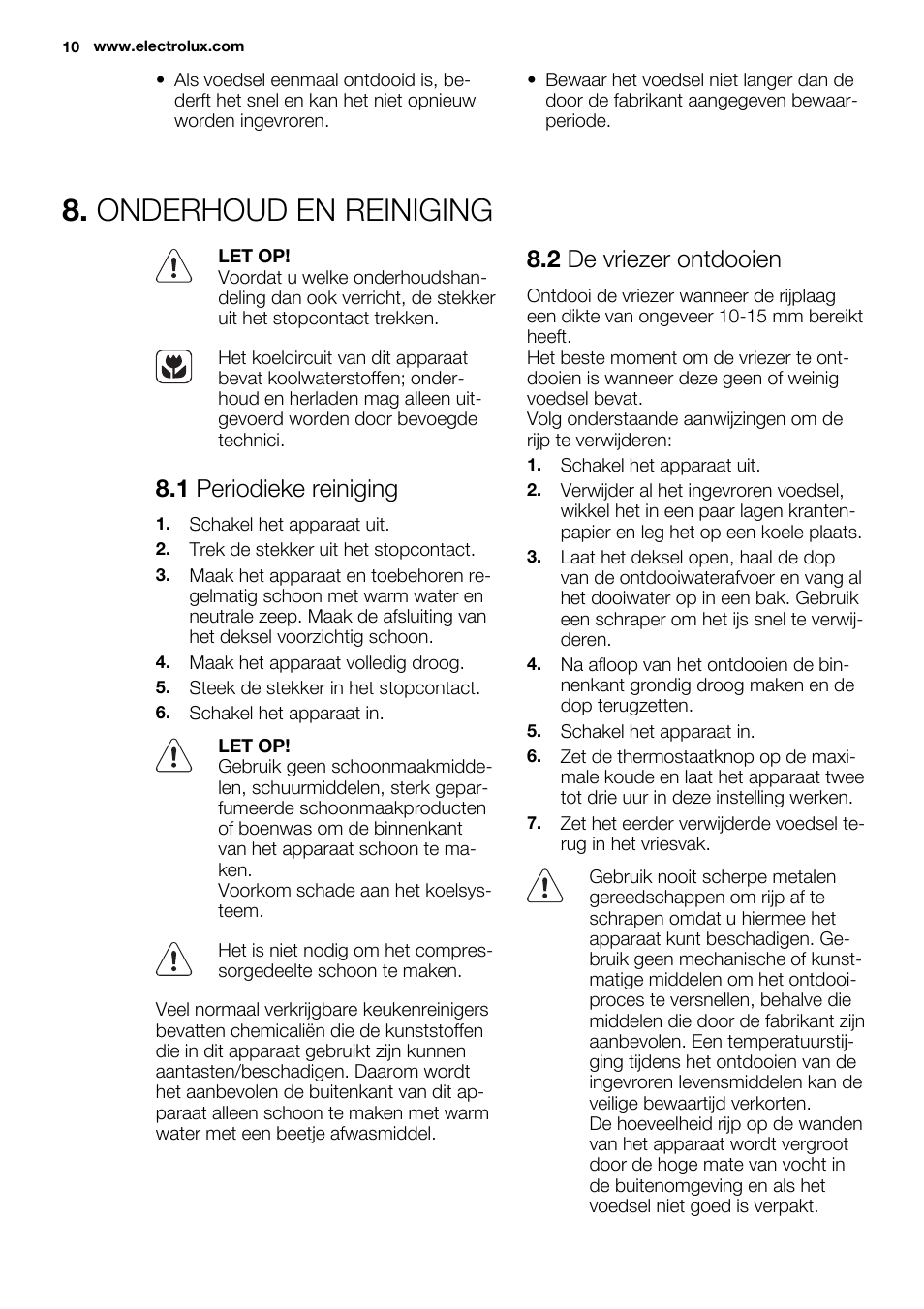 Onderhoud en reiniging, 1 periodieke reiniging, 2 de vriezer ontdooien | Electrolux EC4230AOW1 User Manual | Page 10 / 76