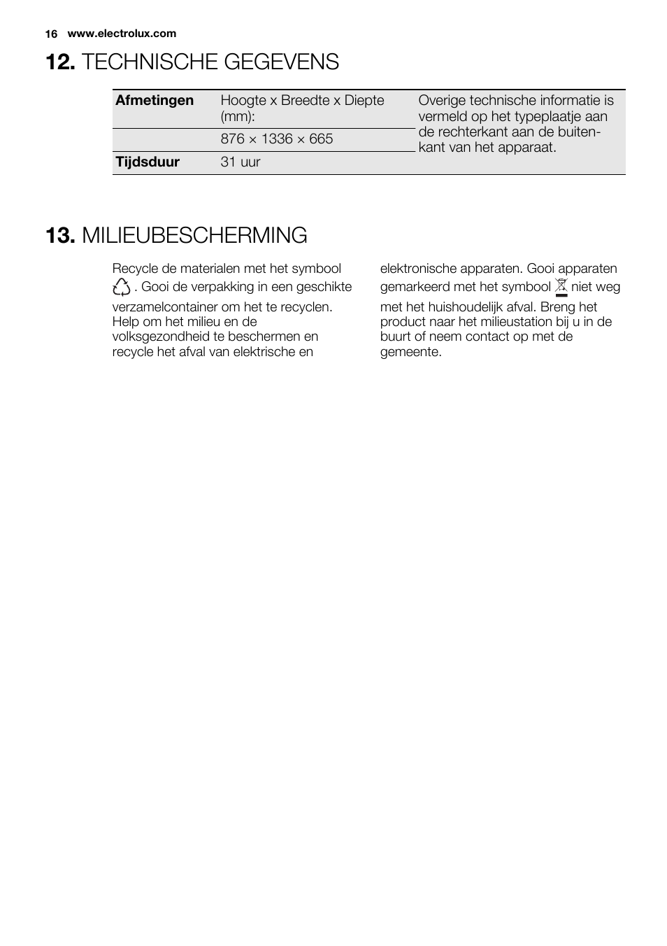 Technische gegevens, Milieubescherming | Electrolux EC4230AOW1 User Manual | Page 16 / 76