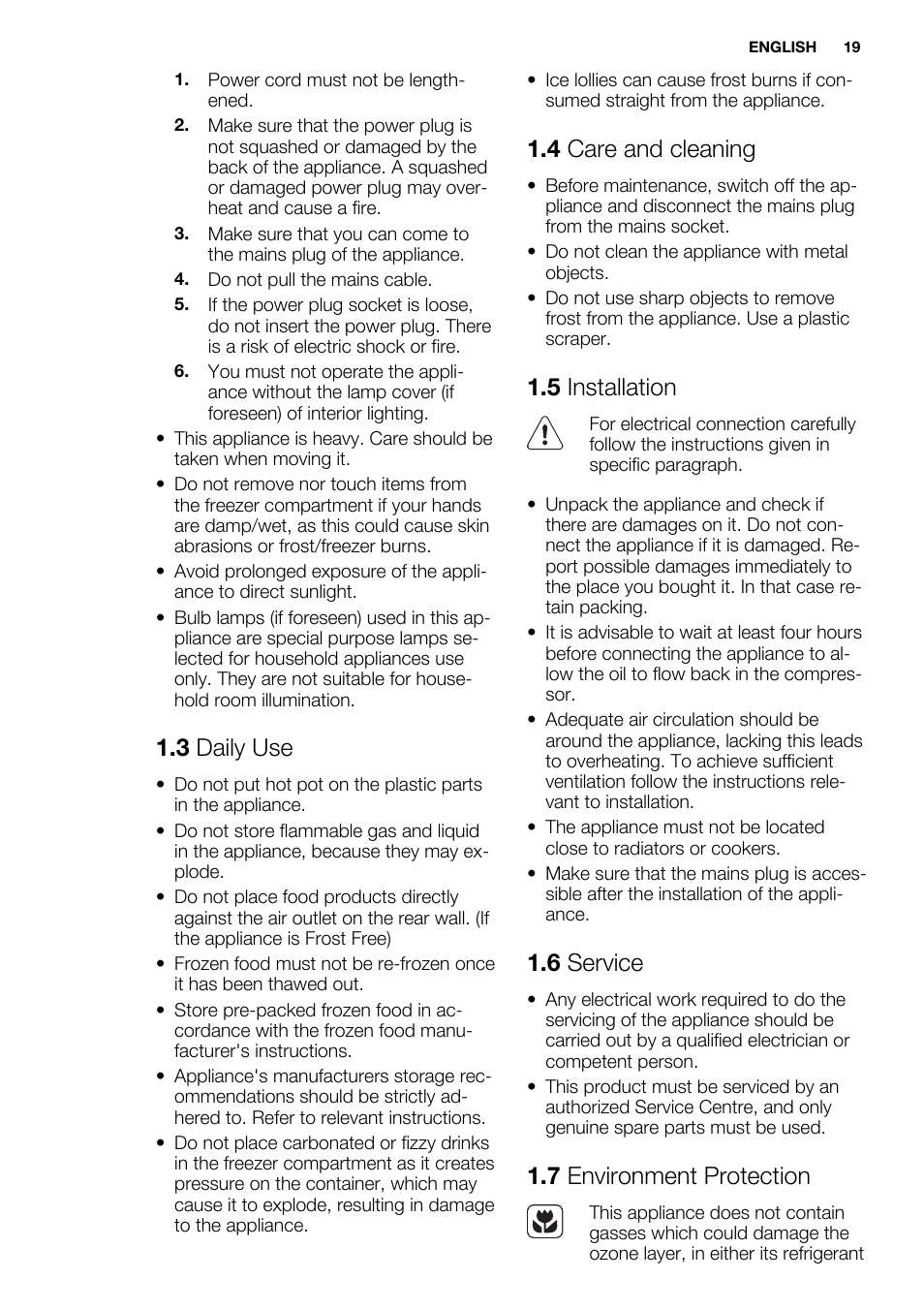 3 daily use, 4 care and cleaning, 5 installation | 6 service, 7 environment protection | Electrolux EC4230AOW1 User Manual | Page 19 / 76