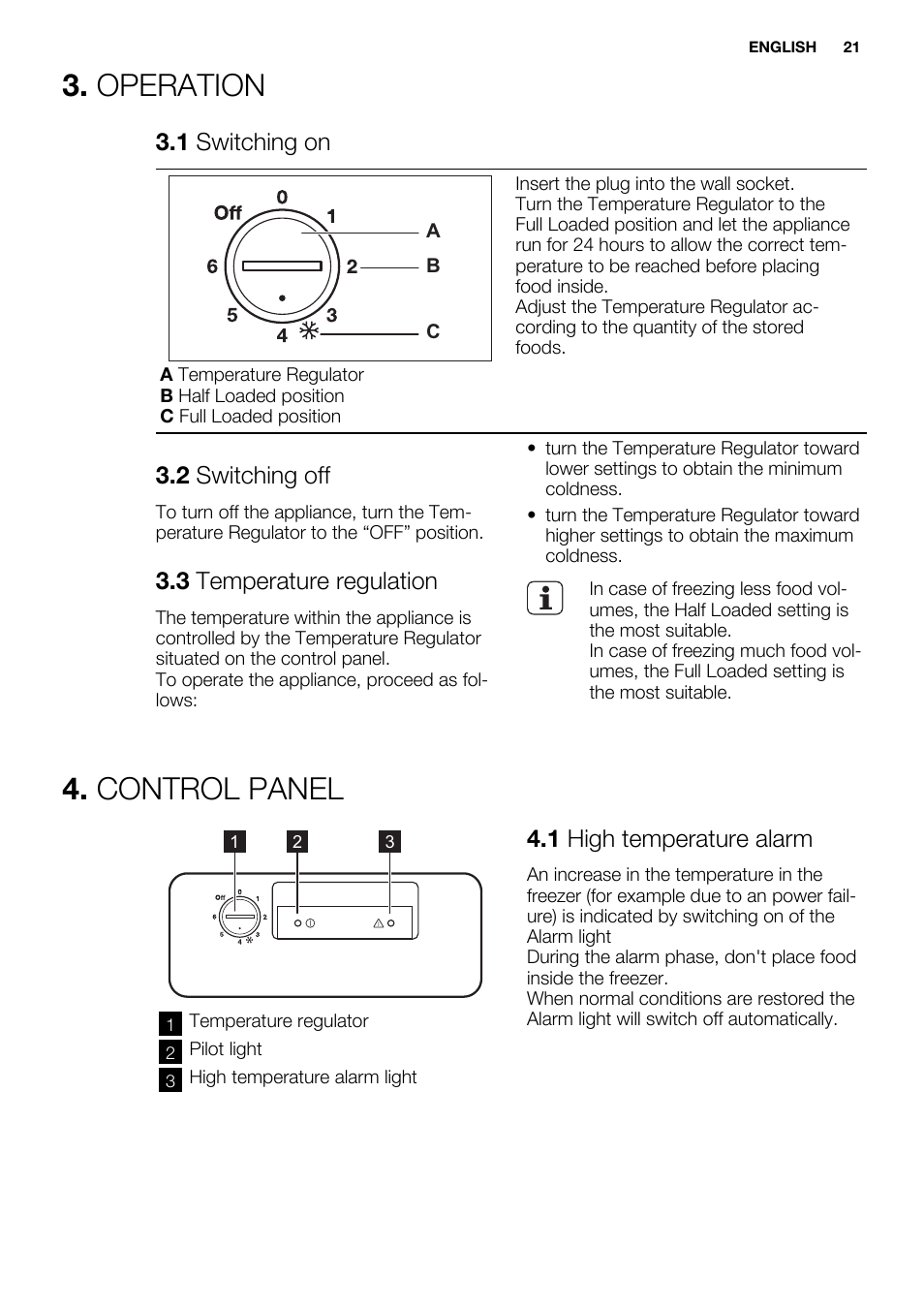 Operation, Control panel, 1 switching on | 2 switching off, 3 temperature regulation, 1 high temperature alarm | Electrolux EC4230AOW1 User Manual | Page 21 / 76