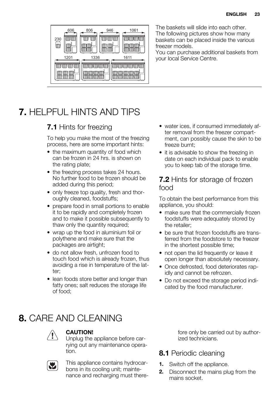 Helpful hints and tips, Care and cleaning, 1 hints for freezing | 2 hints for storage of frozen food, 1 periodic cleaning | Electrolux EC4230AOW1 User Manual | Page 23 / 76