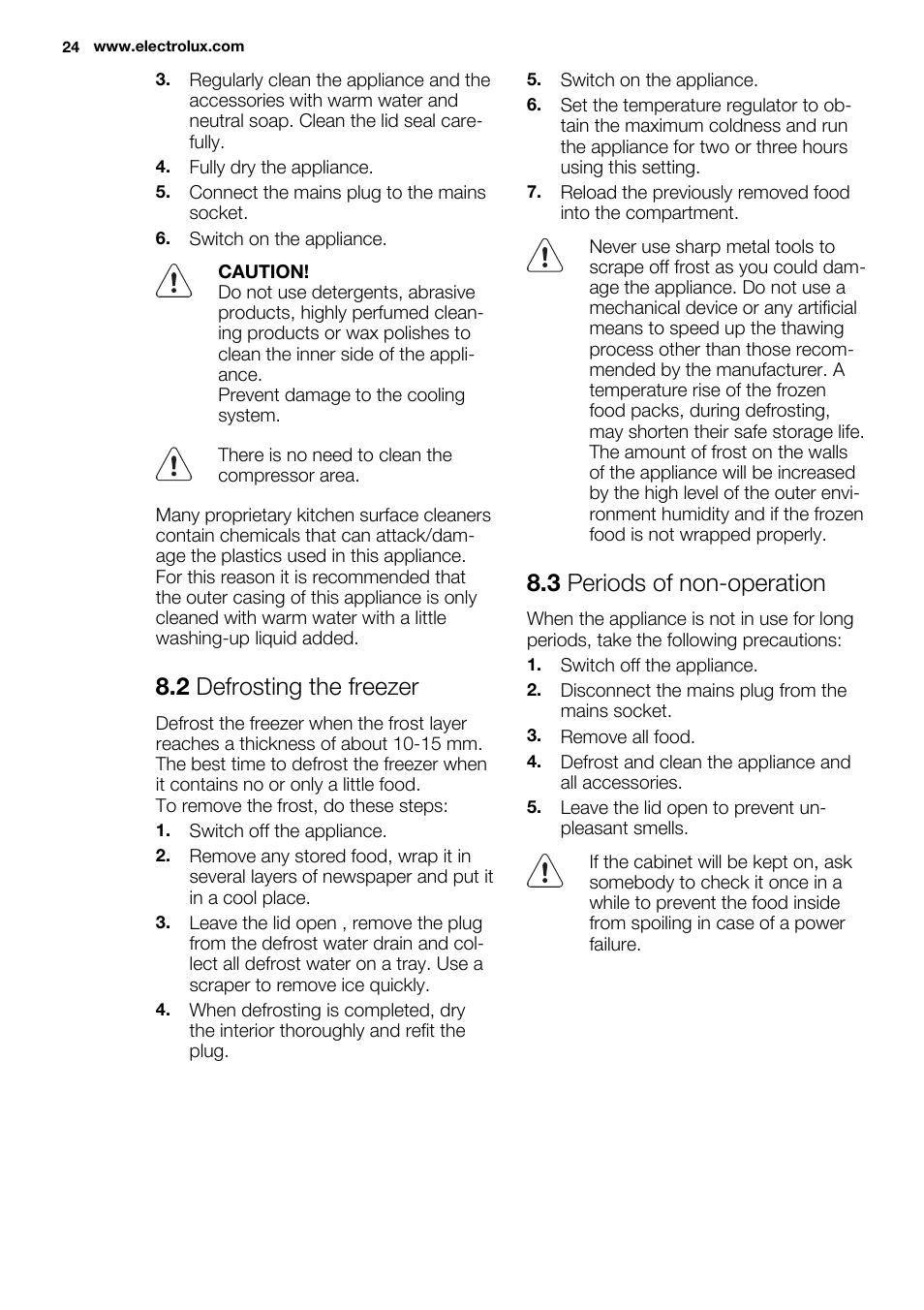 2 defrosting the freezer, 3 periods of non-operation | Electrolux EC4230AOW1 User Manual | Page 24 / 76