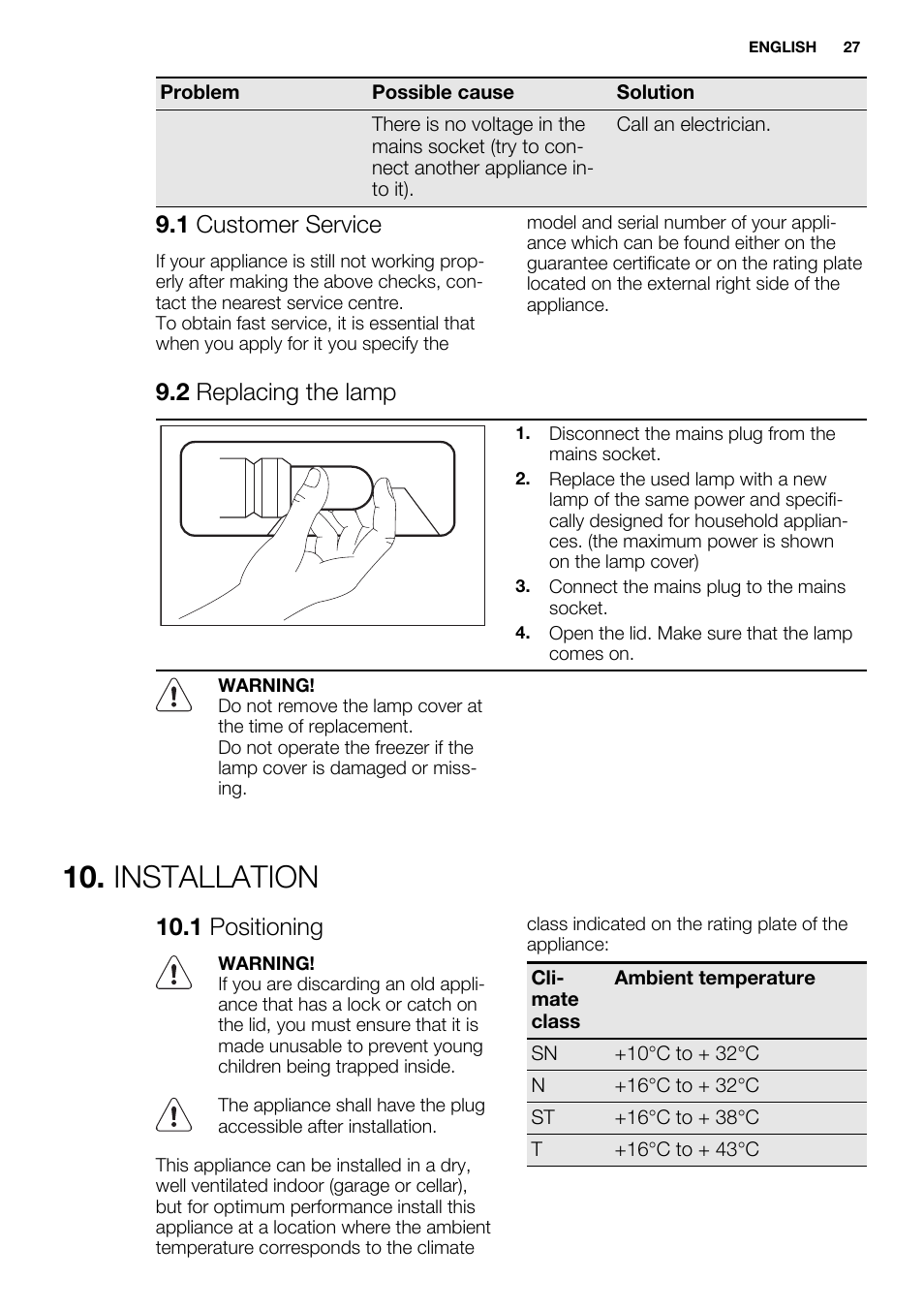 Installation, 1 customer service, 2 replacing the lamp | 1 positioning | Electrolux EC4230AOW1 User Manual | Page 27 / 76