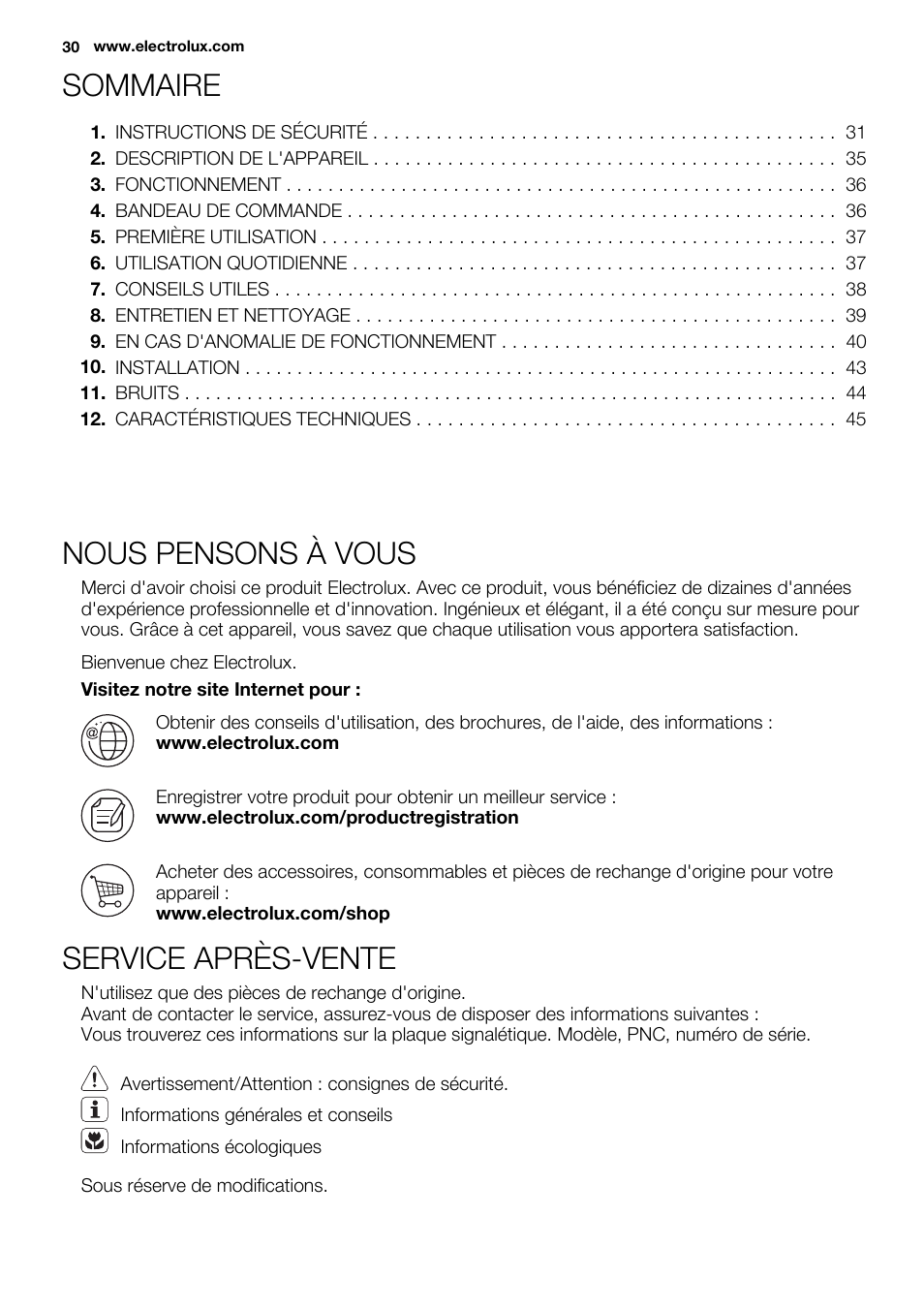 Sommaire, Nous pensons à vous, Service après-vente | Electrolux EC4230AOW1 User Manual | Page 30 / 76