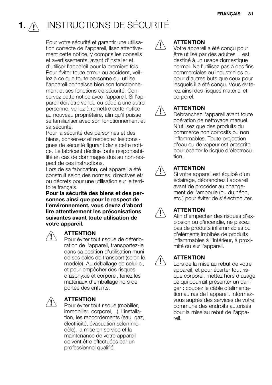 Instructions de sécurité | Electrolux EC4230AOW1 User Manual | Page 31 / 76