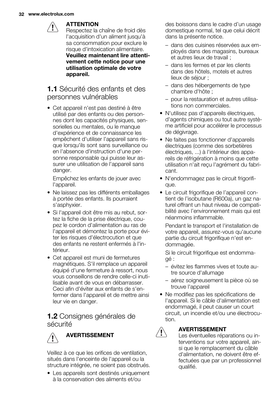 2 consignes générales de sécurité | Electrolux EC4230AOW1 User Manual | Page 32 / 76