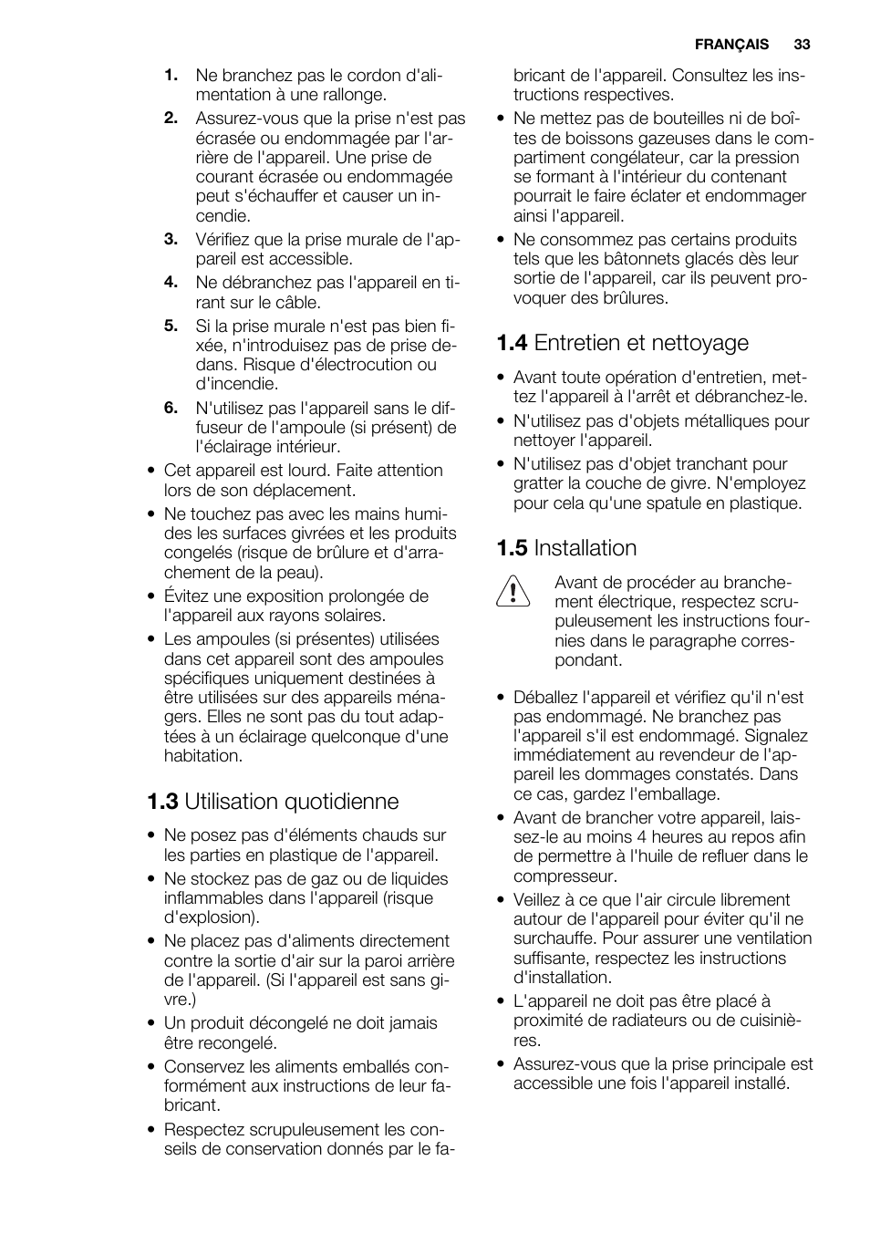 3 utilisation quotidienne, 4 entretien et nettoyage, 5 installation | Electrolux EC4230AOW1 User Manual | Page 33 / 76