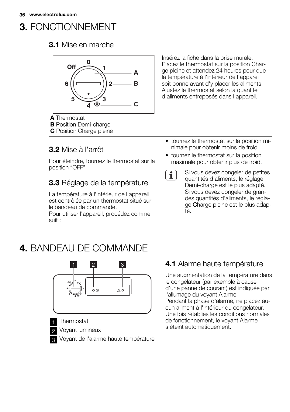 Fonctionnement, Bandeau de commande, 1 mise en marche | 2 mise à l'arrêt, 3 réglage de la température, 1 alarme haute température | Electrolux EC4230AOW1 User Manual | Page 36 / 76