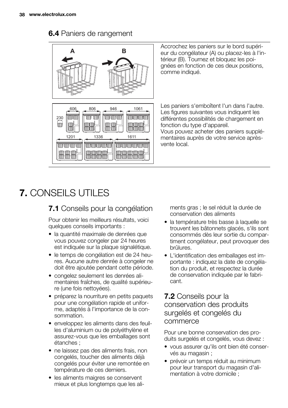 Conseils utiles, 4 paniers de rangement, 1 conseils pour la congélation | Electrolux EC4230AOW1 User Manual | Page 38 / 76