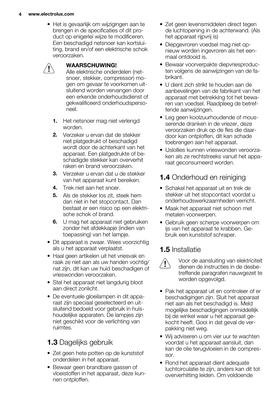 3 dagelijks gebruik, 4 onderhoud en reiniging, 5 installatie | Electrolux EC4230AOW1 User Manual | Page 4 / 76