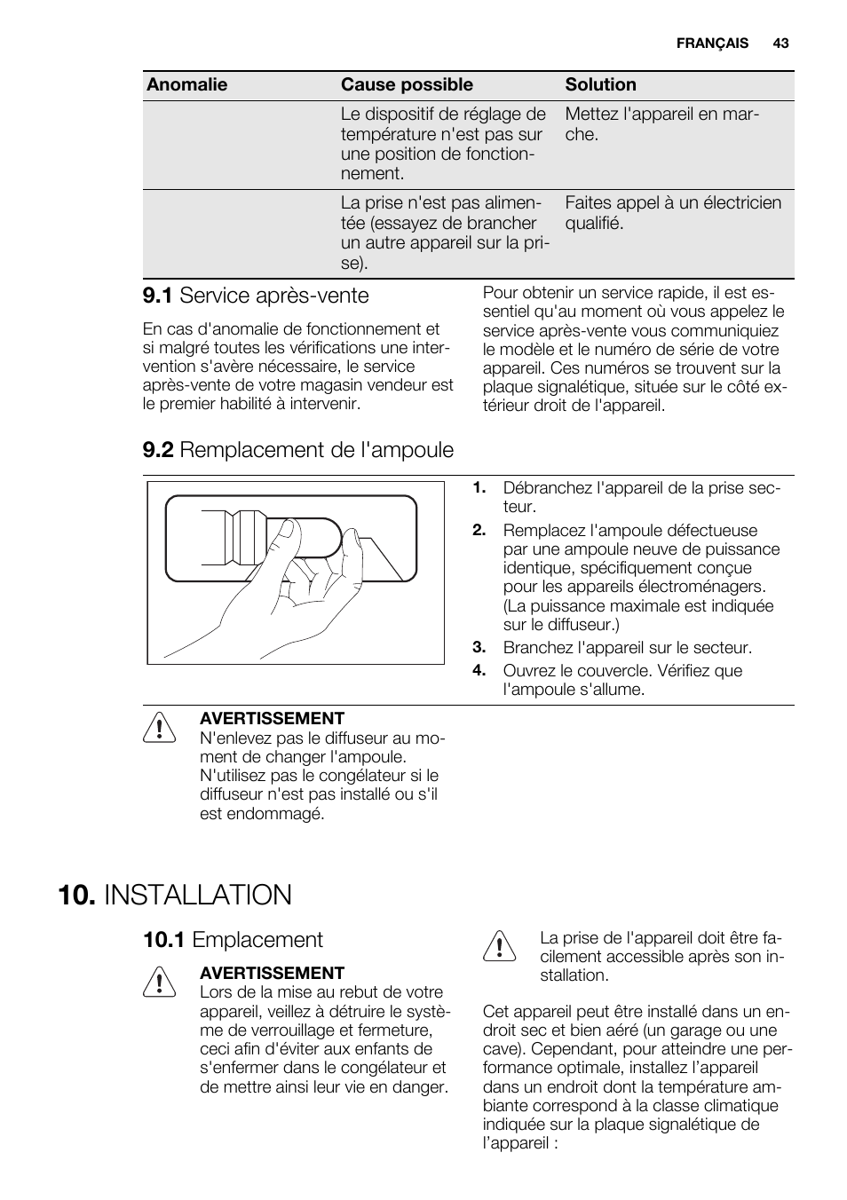 Installation, 1 service après-vente, 2 remplacement de l'ampoule | 1 emplacement | Electrolux EC4230AOW1 User Manual | Page 43 / 76