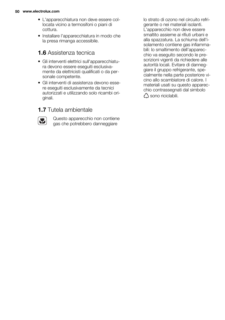 6 assistenza tecnica, 7 tutela ambientale | Electrolux EC4230AOW1 User Manual | Page 50 / 76