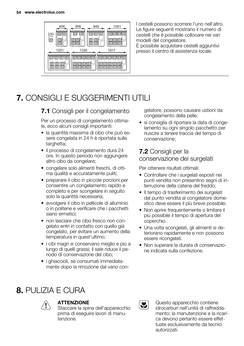 Consigli e suggerimenti utili, Pulizia e cura, 1 consigli per il congelamento | 2 consigli per la conservazione dei surgelati | Electrolux EC4230AOW1 User Manual | Page 54 / 76