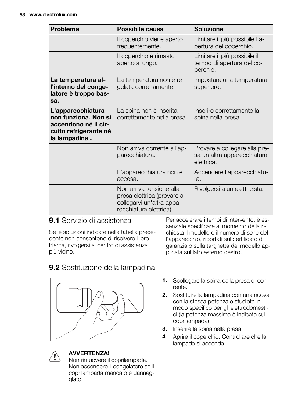 1 servizio di assistenza, 2 sostituzione della lampadina | Electrolux EC4230AOW1 User Manual | Page 58 / 76