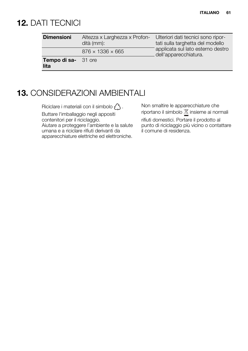 Dati tecnici, Considerazioni ambientali | Electrolux EC4230AOW1 User Manual | Page 61 / 76