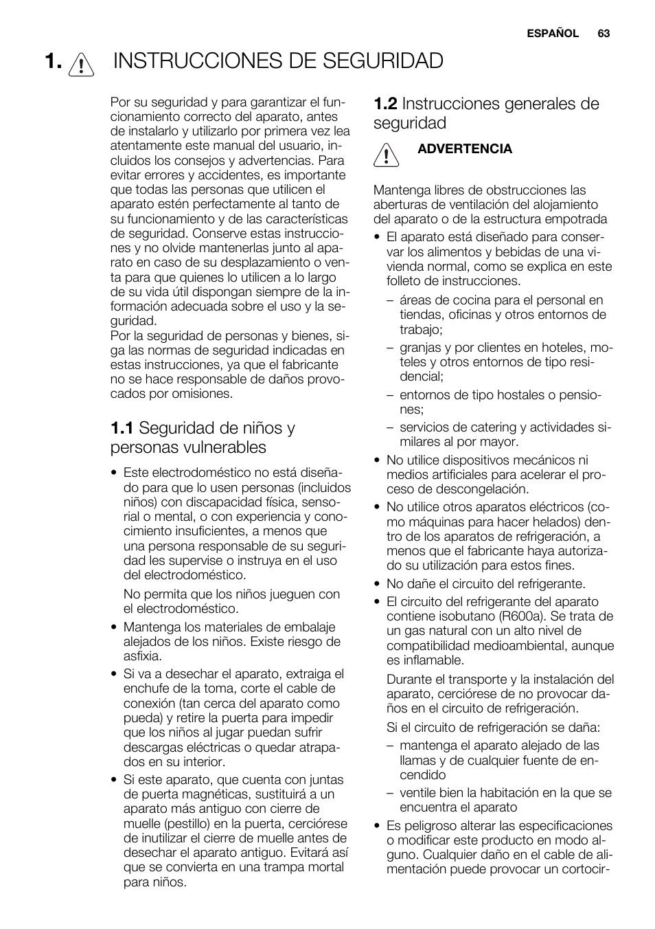 Instrucciones de seguridad, 1 seguridad de niños y personas vulnerables, 2 instrucciones generales de seguridad | Electrolux EC4230AOW1 User Manual | Page 63 / 76