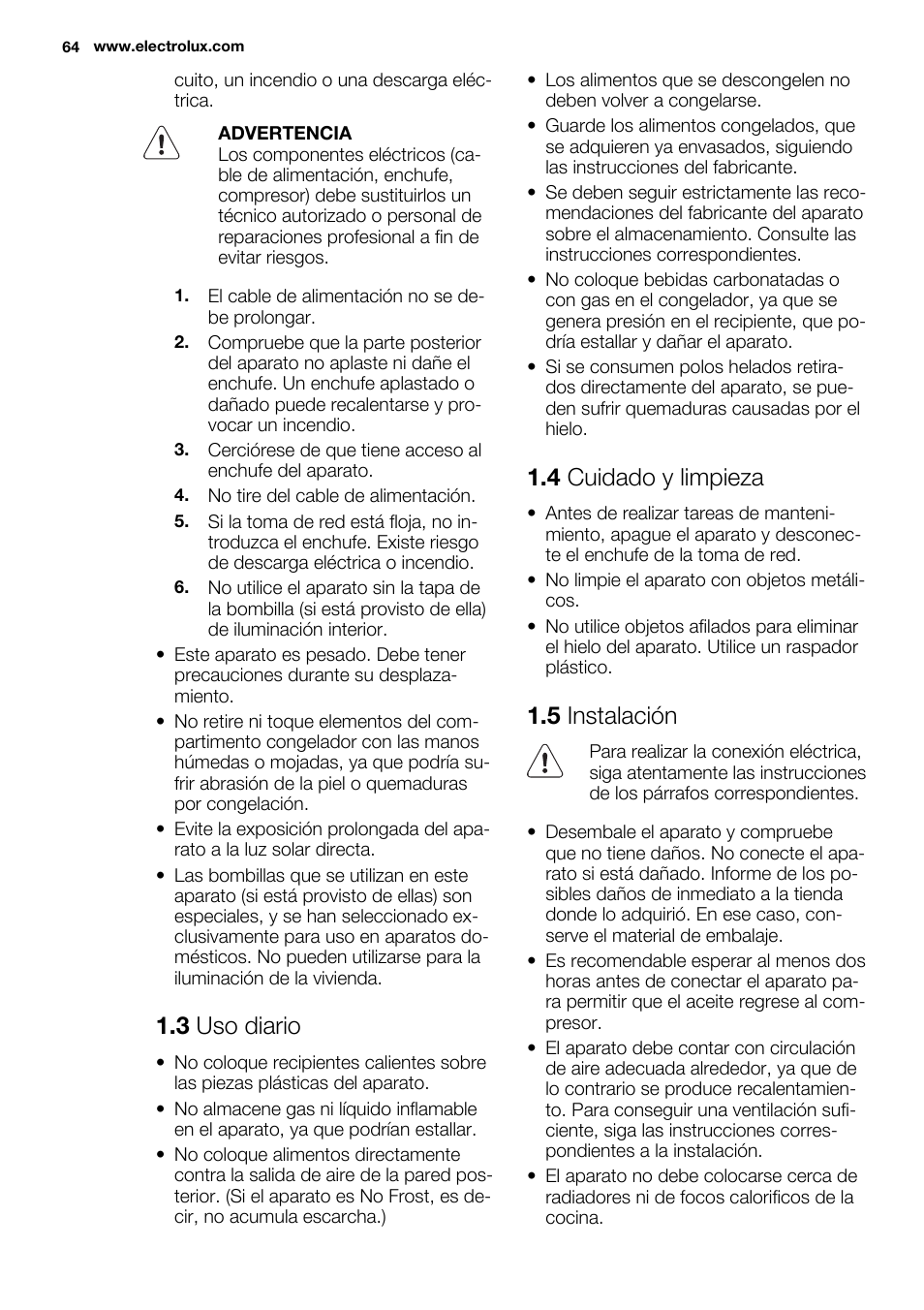 3 uso diario, 4 cuidado y limpieza, 5 instalación | Electrolux EC4230AOW1 User Manual | Page 64 / 76