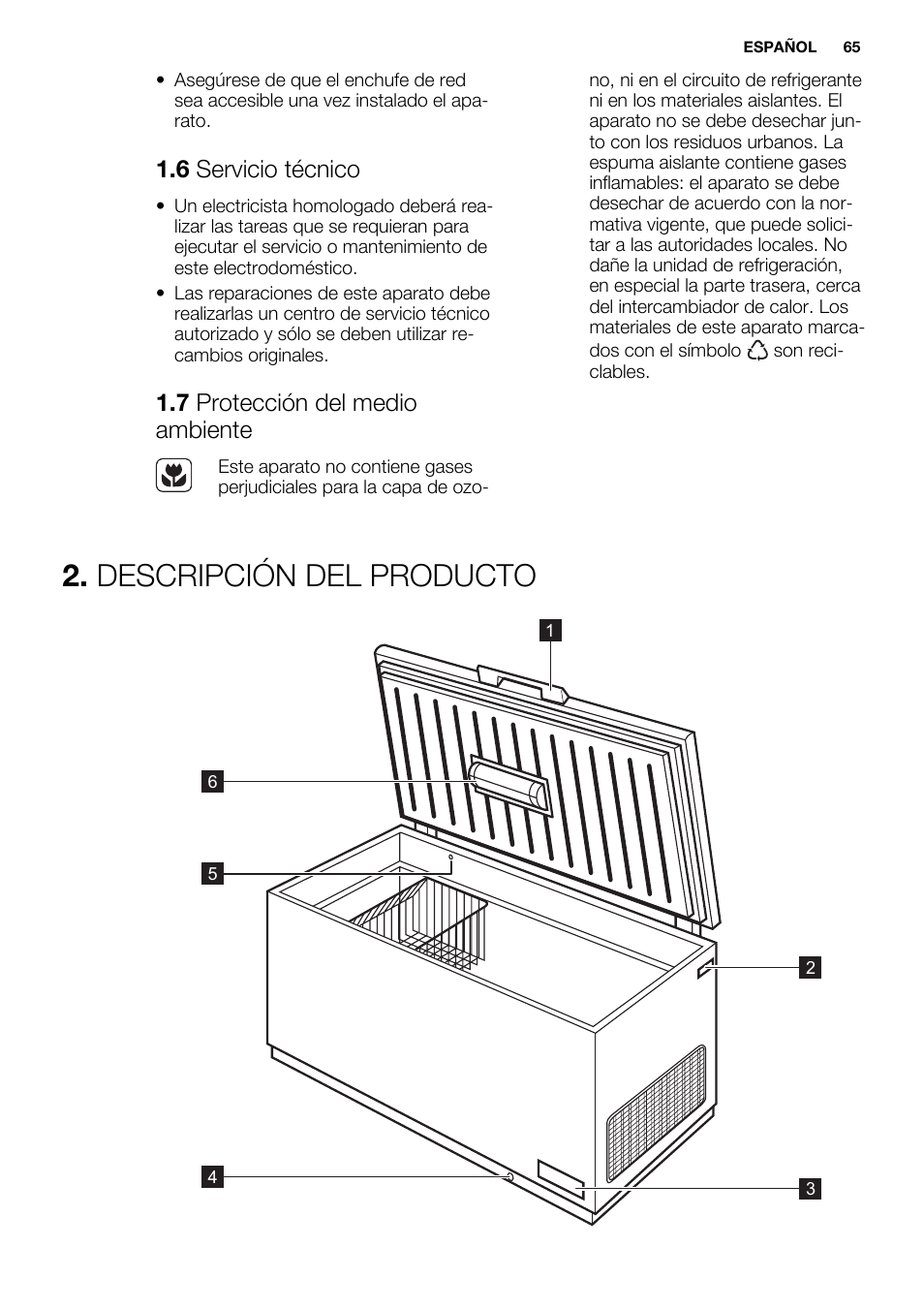 Descripción del producto, 6 servicio técnico, 7 protección del medio ambiente | Electrolux EC4230AOW1 User Manual | Page 65 / 76