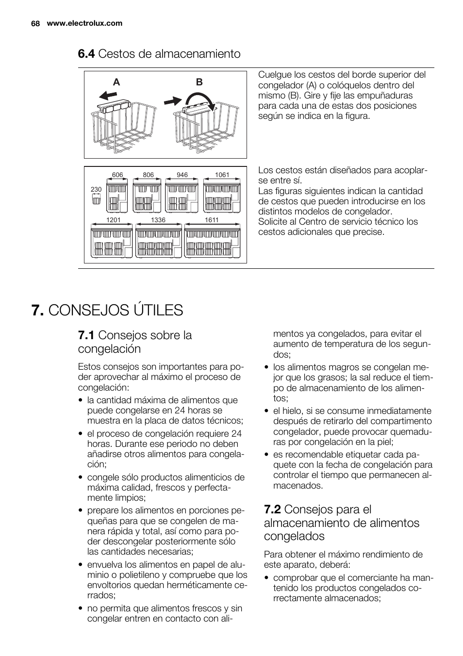 Consejos útiles, 4 cestos de almacenamiento, 1 consejos sobre la congelación | Electrolux EC4230AOW1 User Manual | Page 68 / 76