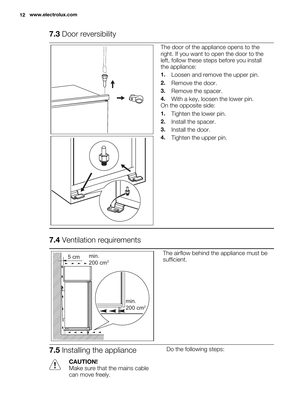 3 door reversibility, 4 ventilation requirements, 5 installing the appliance | Electrolux EUN2243AOW User Manual | Page 12 / 76