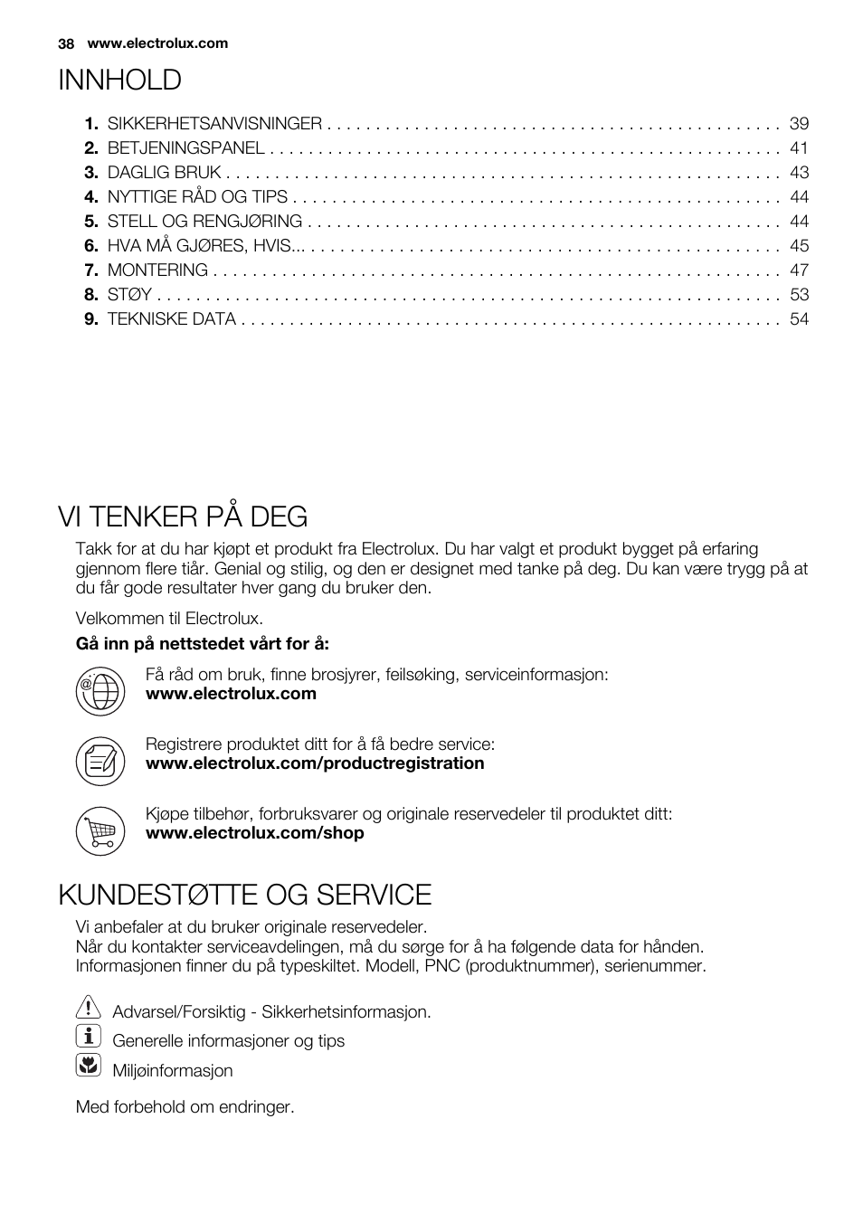 Innhold, Vi tenker på deg, Kundestøtte og service | Electrolux EUN2243AOW User Manual | Page 38 / 76