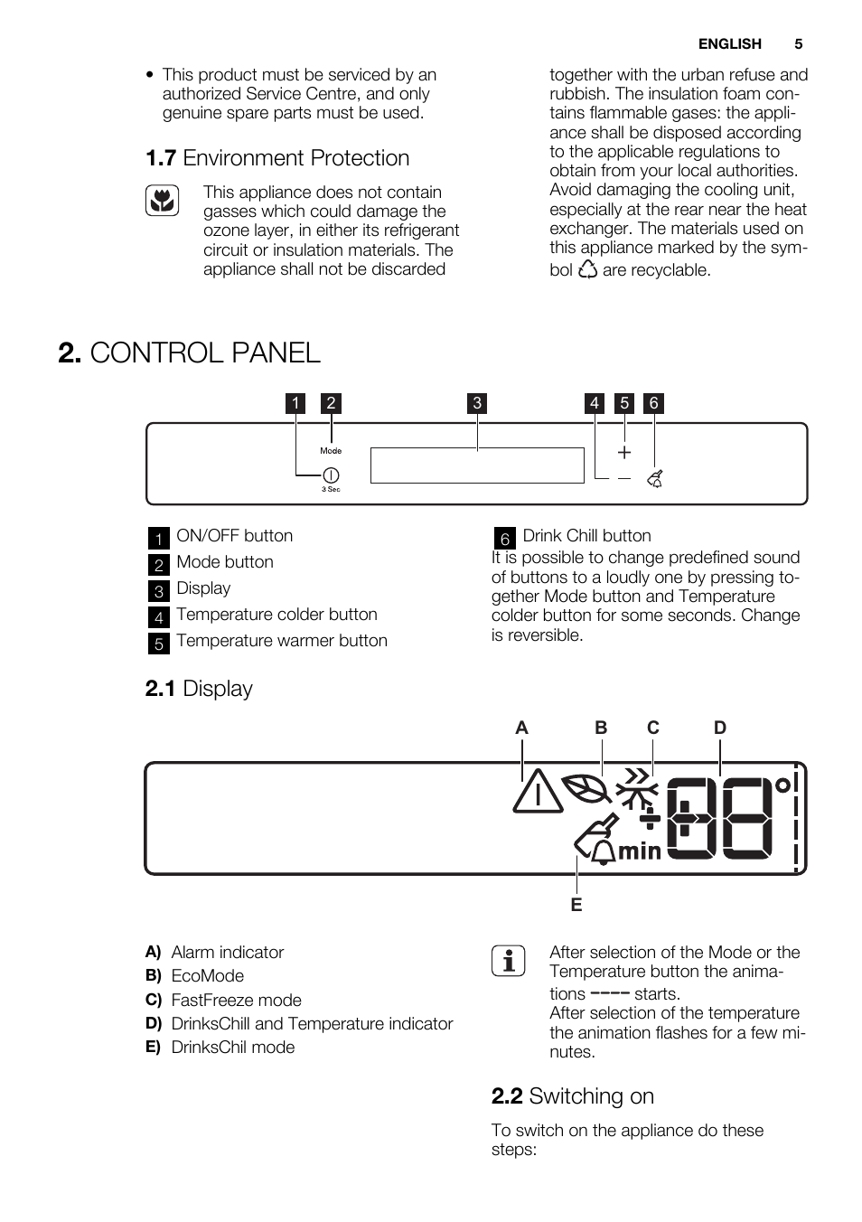 Control panel, 7 environment protection, 1 display | 2 switching on | Electrolux EUN2243AOW User Manual | Page 5 / 76