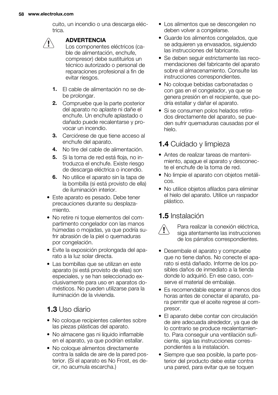 3 uso diario, 4 cuidado y limpieza, 5 instalación | Electrolux EUN2243AOW User Manual | Page 58 / 76