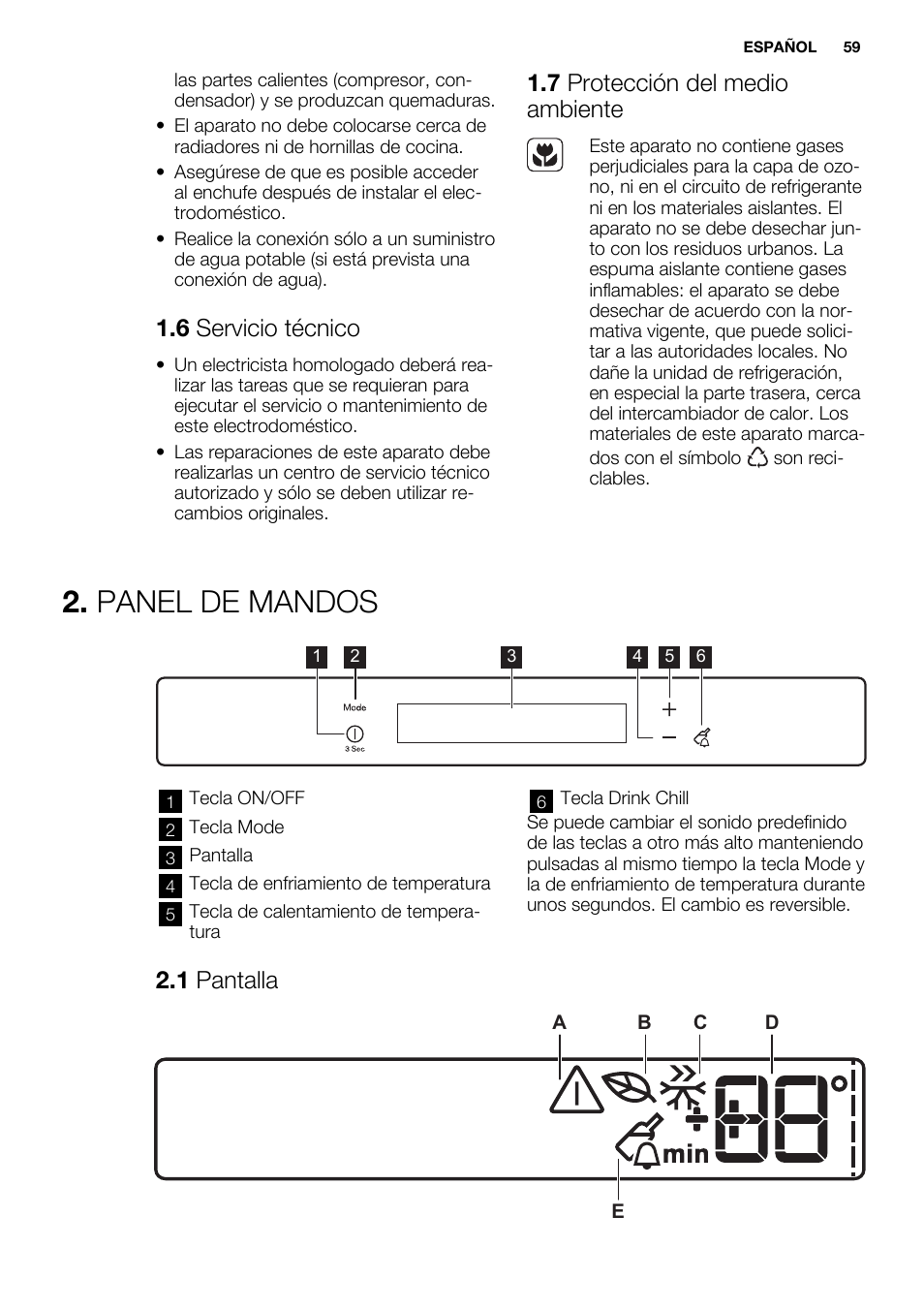 Panel de mandos, 6 servicio técnico, 7 protección del medio ambiente | 1 pantalla | Electrolux EUN2243AOW User Manual | Page 59 / 76