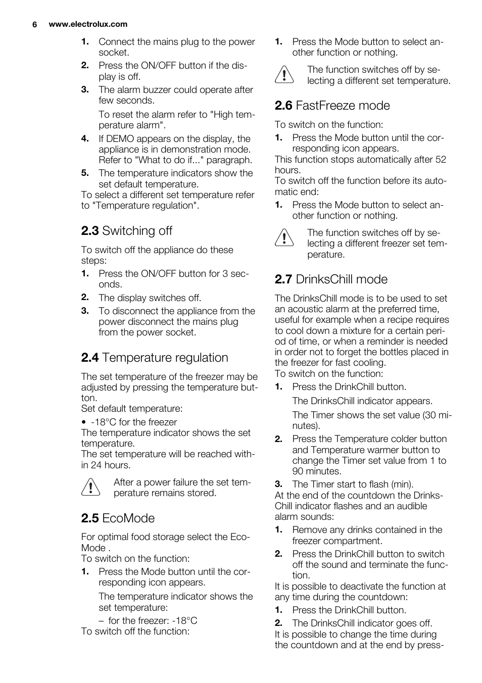 3 switching off, 4 temperature regulation, 5 ecomode | 6 fastfreeze mode, 7 drinkschill mode | Electrolux EUN2243AOW User Manual | Page 6 / 76
