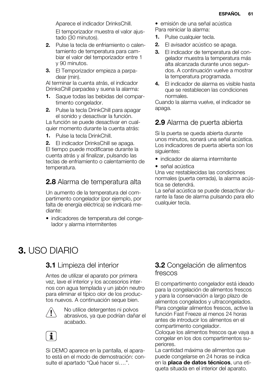 Uso diario, 8 alarma de temperatura alta, 9 alarma de puerta abierta | 1 limpieza del interior, 2 congelación de alimentos frescos | Electrolux EUN2243AOW User Manual | Page 61 / 76