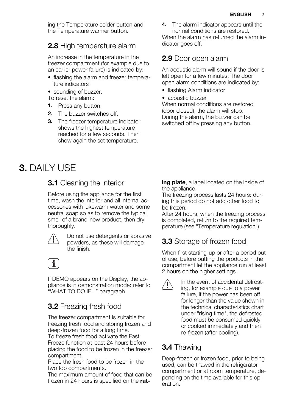 Daily use, 8 high temperature alarm, 9 door open alarm | 1 cleaning the interior, 2 freezing fresh food, 3 storage of frozen food, 4 thawing | Electrolux EUN2243AOW User Manual | Page 7 / 76