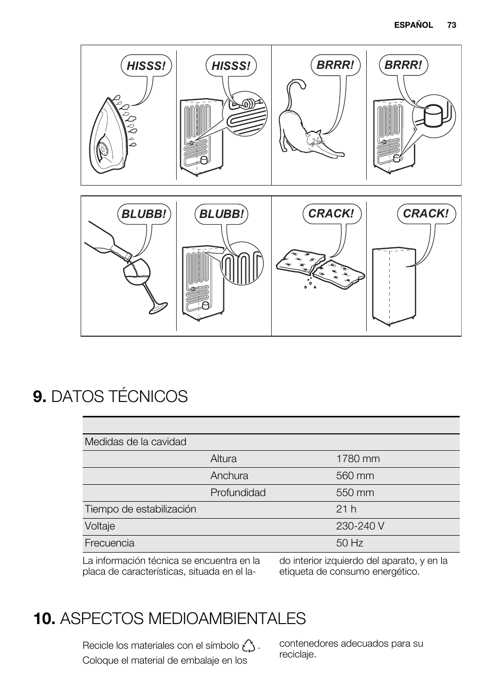 Datos técnicos, Aspectos medioambientales | Electrolux EUN2243AOW User Manual | Page 73 / 76