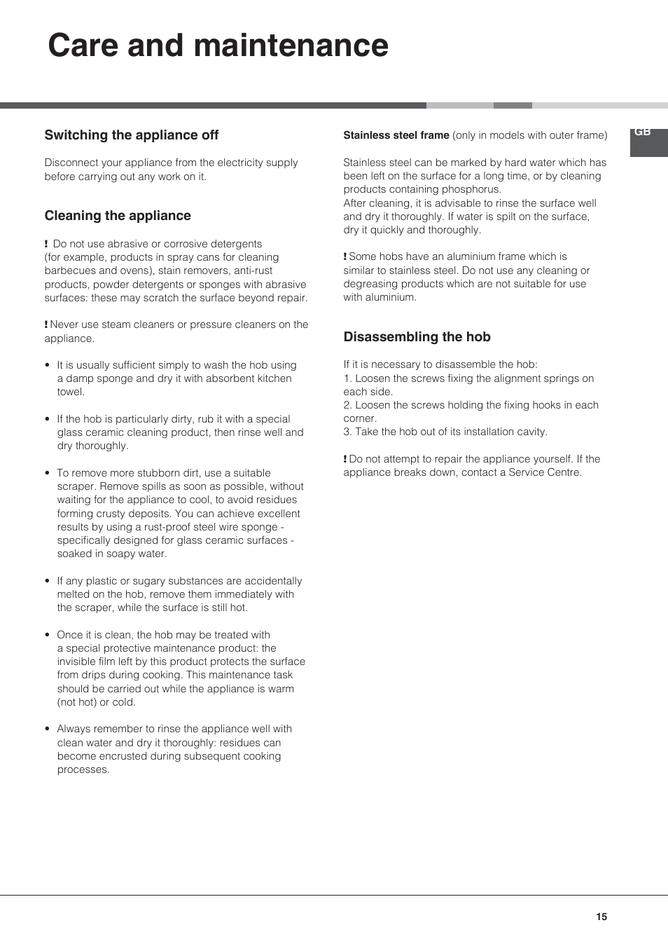 Care and maintenance | Hotpoint Ariston KRC 640 B  EU User Manual | Page 15 / 84