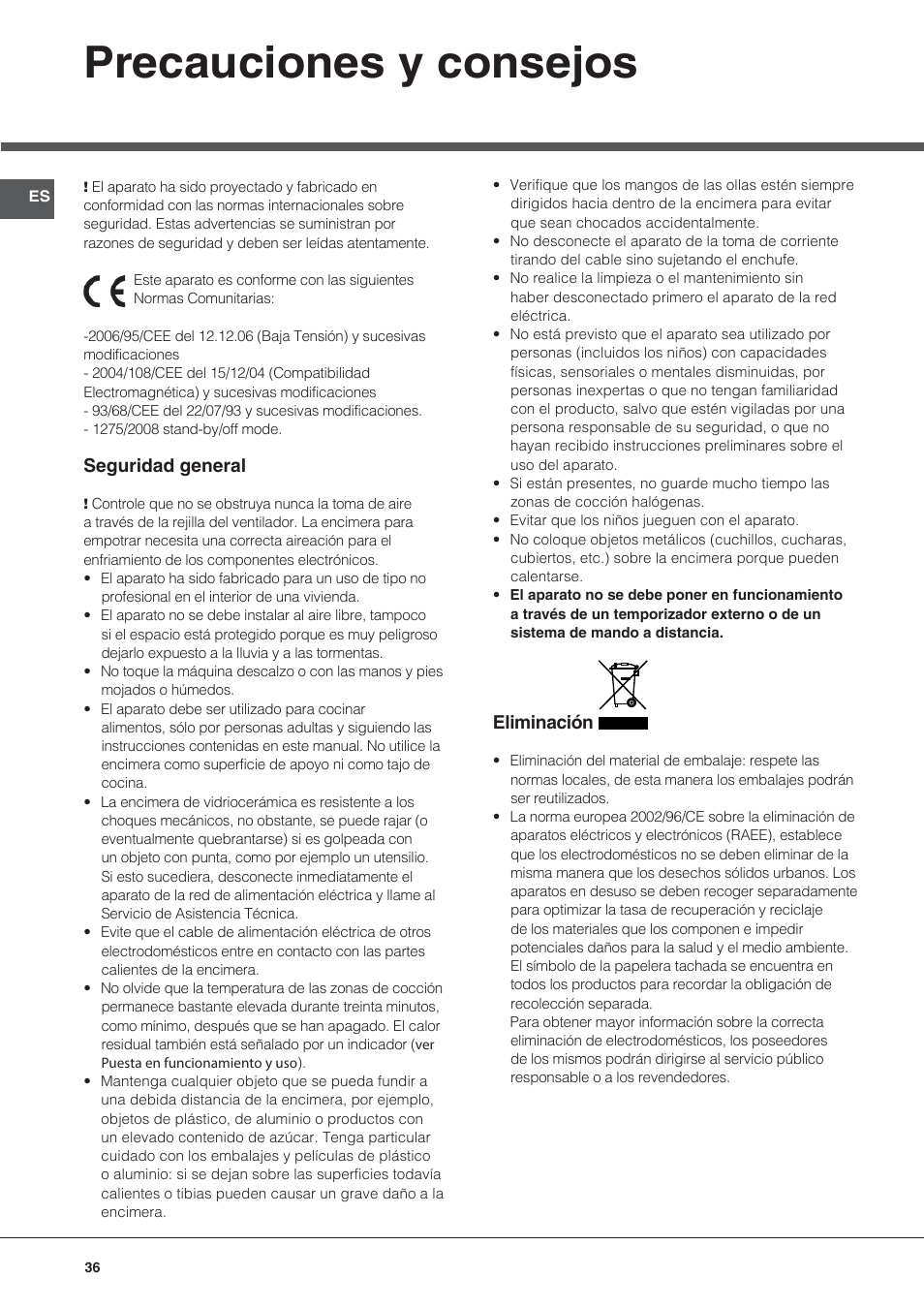 Precauciones y consejos | Hotpoint Ariston KRC 640 B  EU User Manual | Page 36 / 84