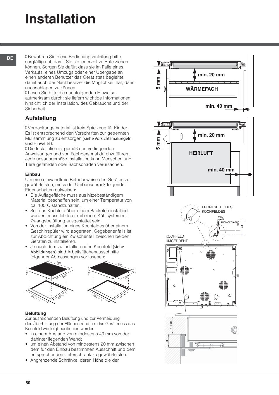 Installation, Aufstellung | Hotpoint Ariston KRC 640 B  EU User Manual | Page 50 / 84