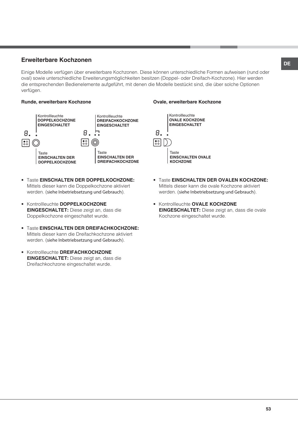 Erweiterbare kochzonen | Hotpoint Ariston KRC 640 B  EU User Manual | Page 53 / 84