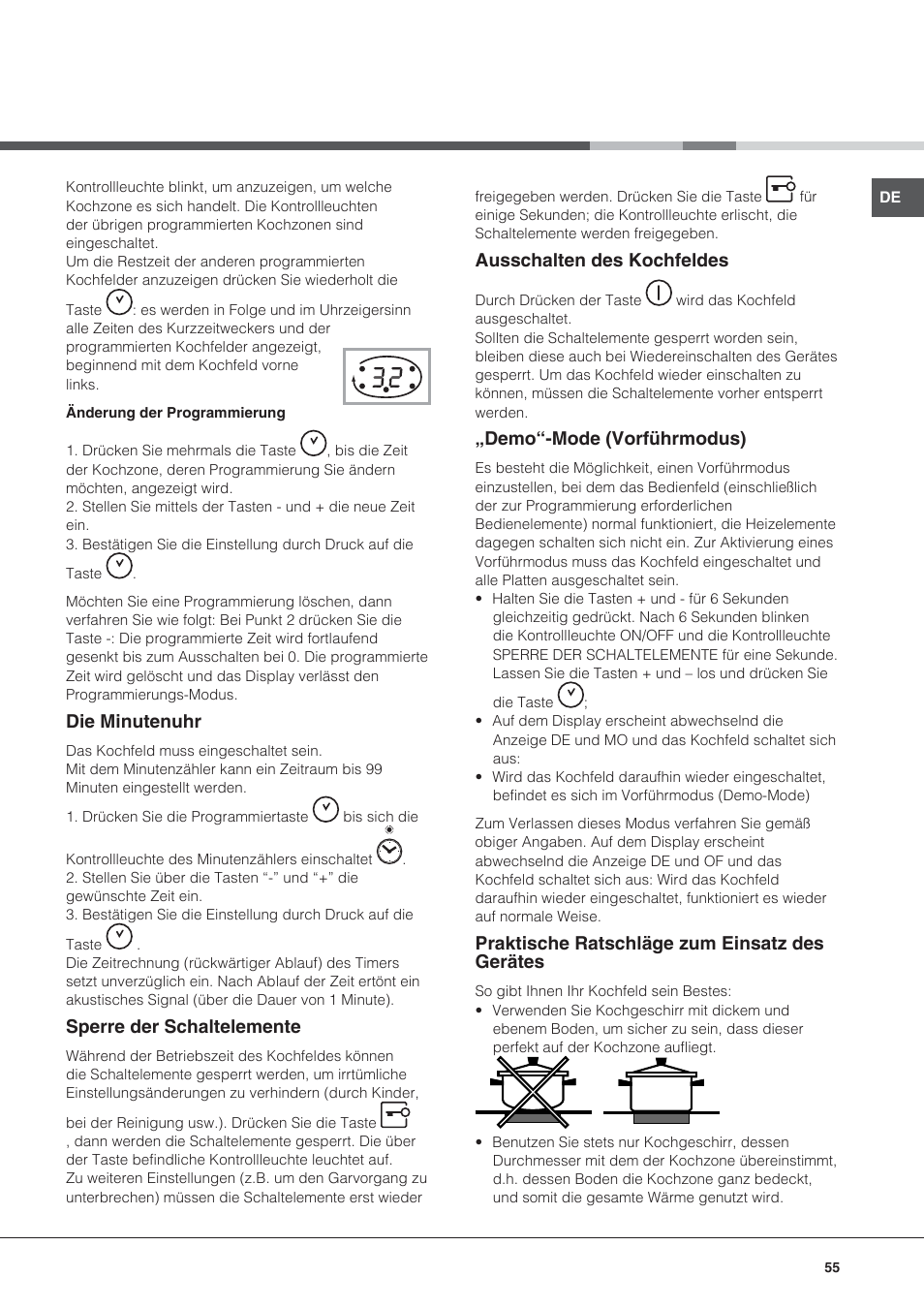 Die minutenuhr, Sperre der schaltelemente, Ausschalten des kochfeldes | Demo“-mode (vorführmodus), Praktische ratschläge zum einsatz des gerätes | Hotpoint Ariston KRC 640 B  EU User Manual | Page 55 / 84