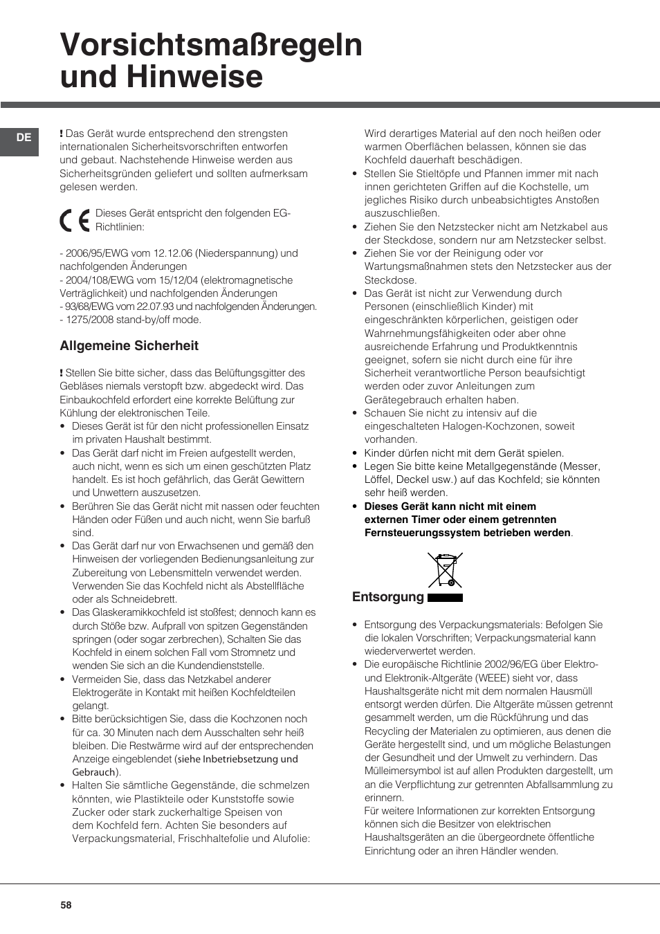 Vorsichtsmaßregeln und hinweise | Hotpoint Ariston KRC 640 B  EU User Manual | Page 58 / 84