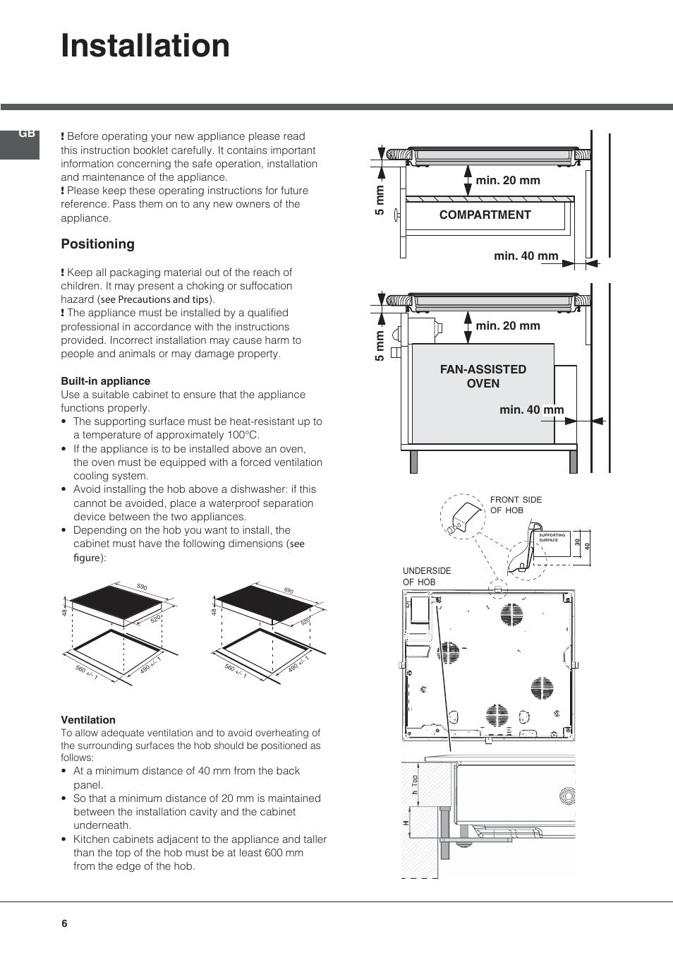 Installation, Positioning | Hotpoint Ariston KRC 640 B  EU User Manual | Page 6 / 84